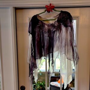 Sheer Black and silk and needle felt design White Poncho Top